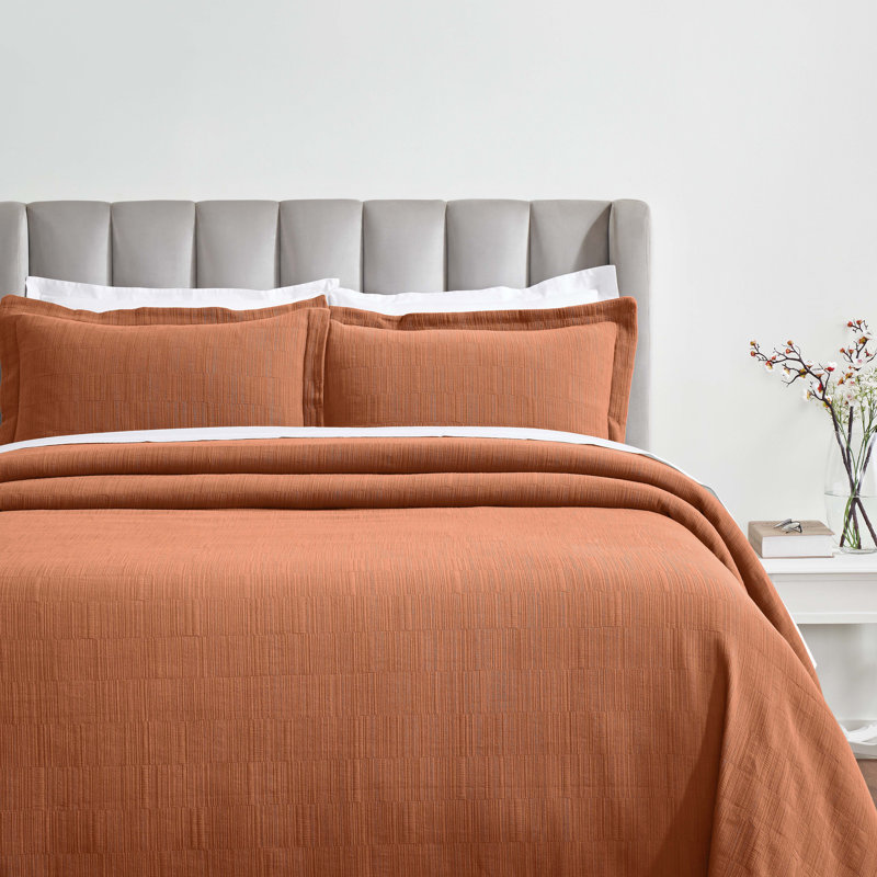 Kayda Zenith Cotton Medium Weight Textured Modern Geometric Matelasse Bedspread And Sham Set By, Orange