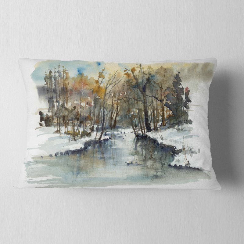 River in Woods Watercolor - Coussin décoratif à imprimé paysage
