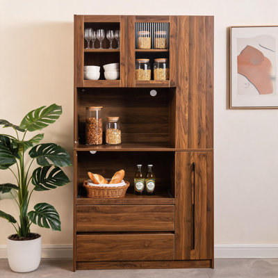 Large Capacity Freestanding Food Cabinet With Pull-Out Layered Storage, 4 Side Shelves, 2 Drawers, Glass Doors And Built-In Microwave Shelf