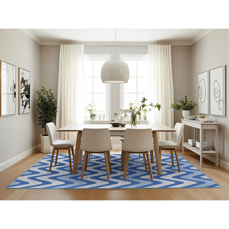 Chevron bleu/blanc/Tapis décoratif gris, Rectangle 7 pi x 10 pi