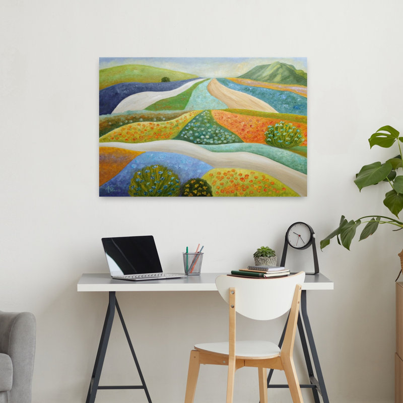 «Vibrant Flower Fields Abstract Colorful Rustic Landscape Mountain», art mural, H 24 po x l 36 po