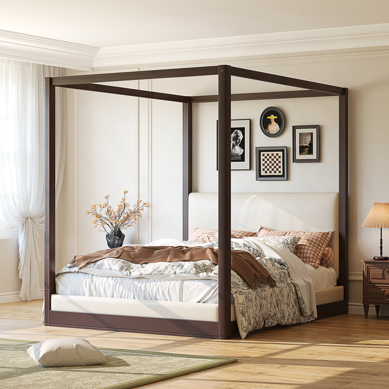 Lit plateforme à baldaquin en bois grand avec tête de lit tapissier, Queen, Espresso