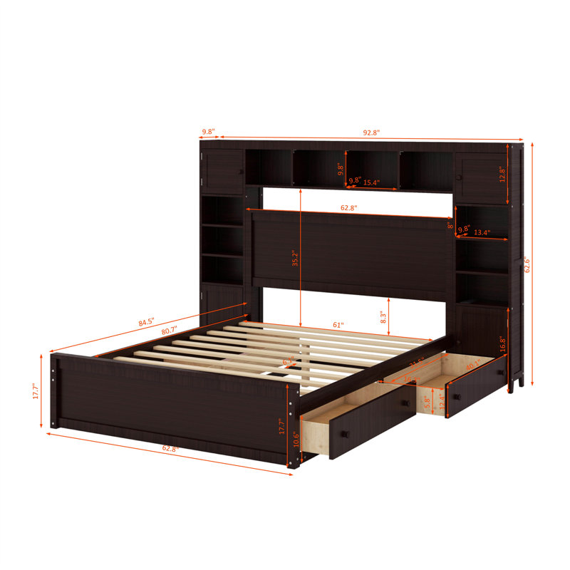 Grand lit en bois avec armoire tout-en-un, tablettes et prises