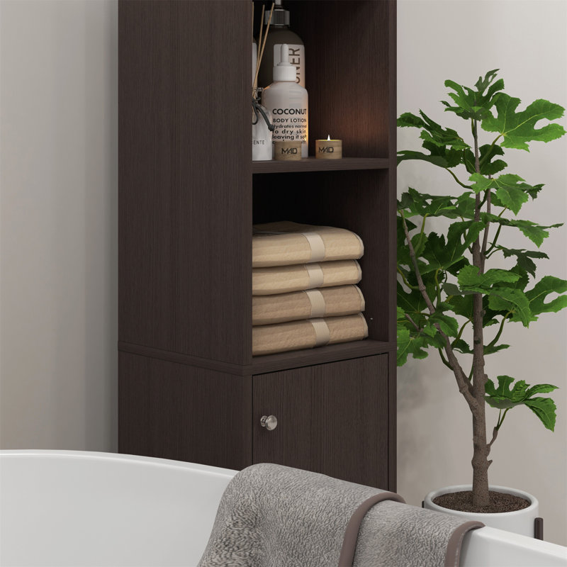 Armoire tour autoportante Aleron avec tablettes réglables pour la salle de bain ou le salon, Marron foncé