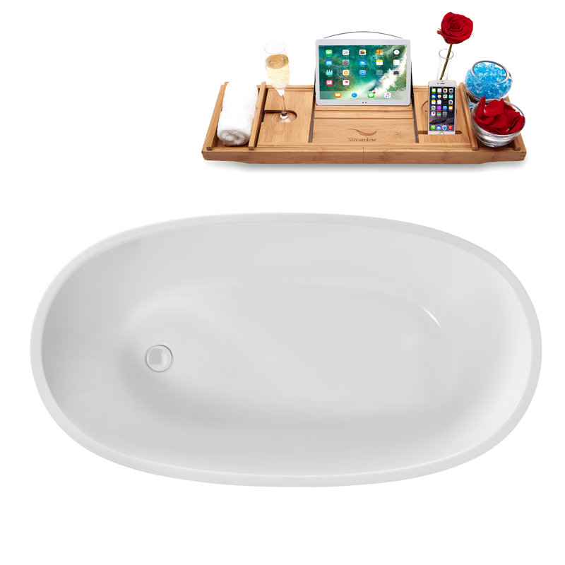 51" Streamline Soaking Glossy White Freestanding Tub and Tray With Internal Drain, Glossy White