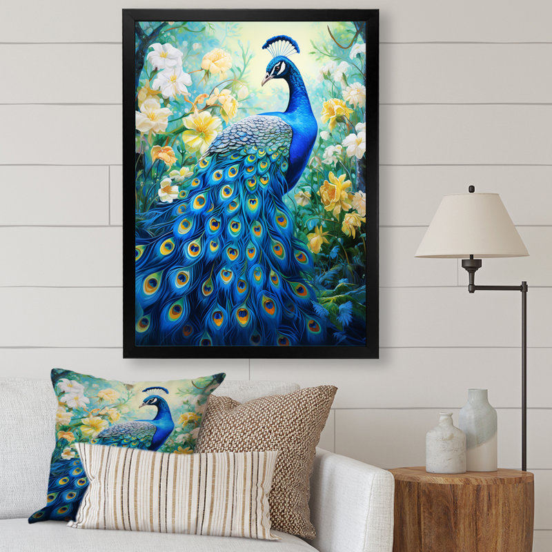 Yunick bleu sarcelle symboliste - art mural paon pour le salon, Cadre simple noir, H 20 po x l 12 po