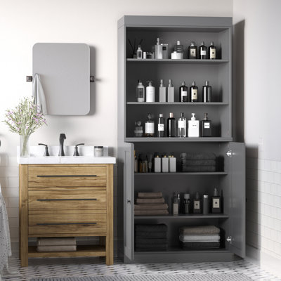 Armoire de rangement 100% bois massif 32 po avec portes Shaker inférieures et tablettes réglables