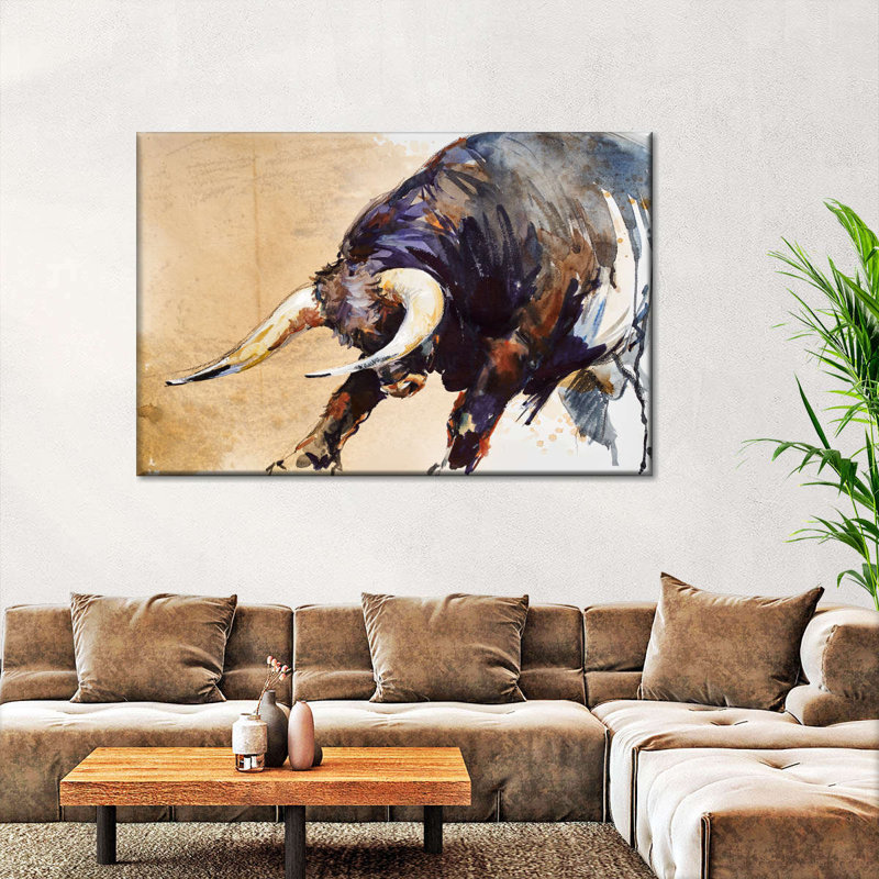 Taureau enragé sur toile, H 32 po x l 48 po x P 1,25 po