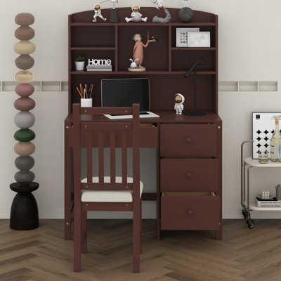 Writing Desk And Upholstered Chair Set With Bookshelf, 40'' Vintage Computer Desk With 4 Drawers, Storage Shelf, And Chair