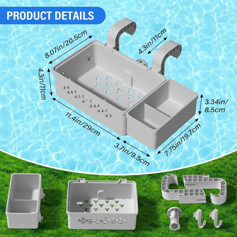 2Pack Poolside Storage Basket,Above Ground Pool Accessories,Stretchable Pool Toy Basket With Pool Cup Holder,Poolside Storage For Most Frame Pools,Grey