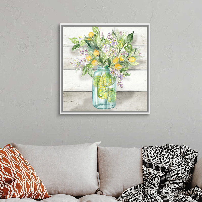 «Watercolor Lemons in Mason Jar on Shiplap» par Tre Sorelle Studios - reproduction d'art sur toile, Toile blanche encadrée