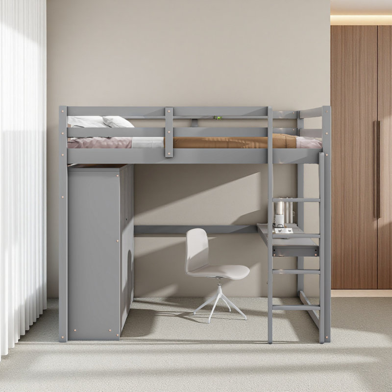 Wood Full Size Loft Bed With Built-In Wardrobe, Grey