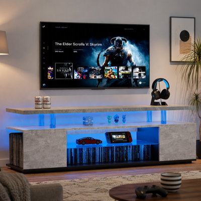 Meuble télé pour meuble télé 55 pouces à DEL avec console de rangement multimédia et grande armoire latérale pour le salon (gris et noir)