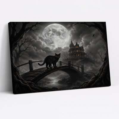 «Black Cat on Bridge Near Lit Victorian House», art mural sur toile