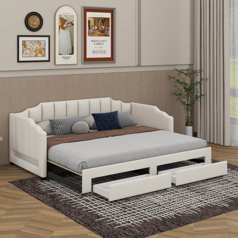 Twin XL To King Extendable Upholstered Daybed With 2 Storage Drawers And LED Light, Beige