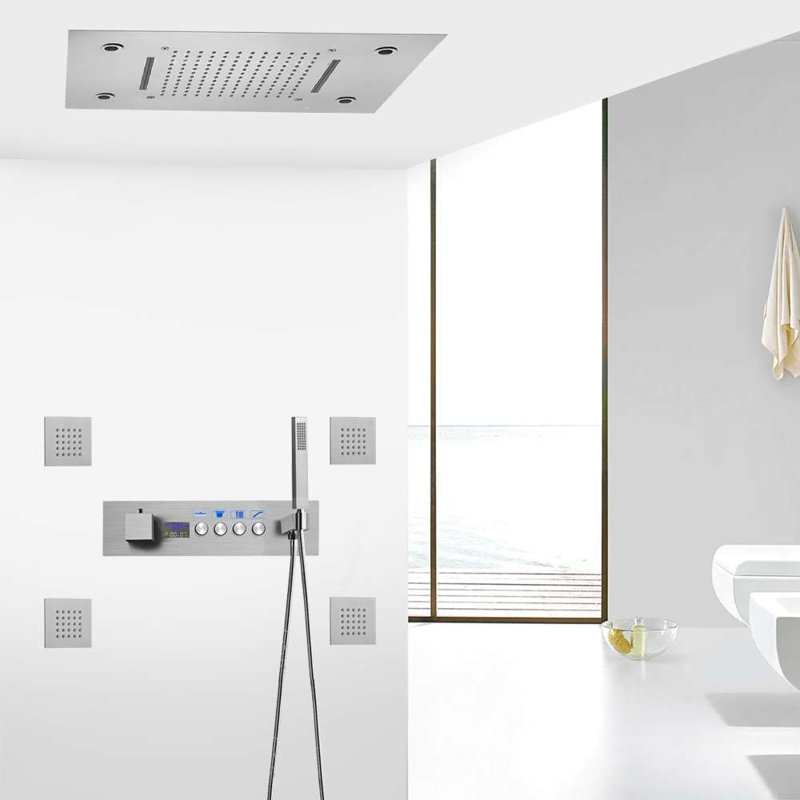 LED Thermostatic Shower Set with Rainfall and Multi Jets, Brushed Nickel, Push Button