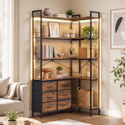 Bibliothèque de coin convertible à 4 niveaux avec éclairage DEL, 6 tablettes ouvertes et 4 tiroirs en tissu, brun