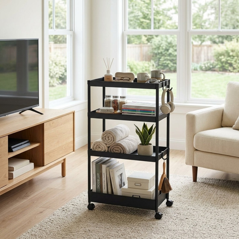 Chariot de rangement à roulettes à 4 niveaux, organisateur mobile coulissant pour la salle de bain, Black
