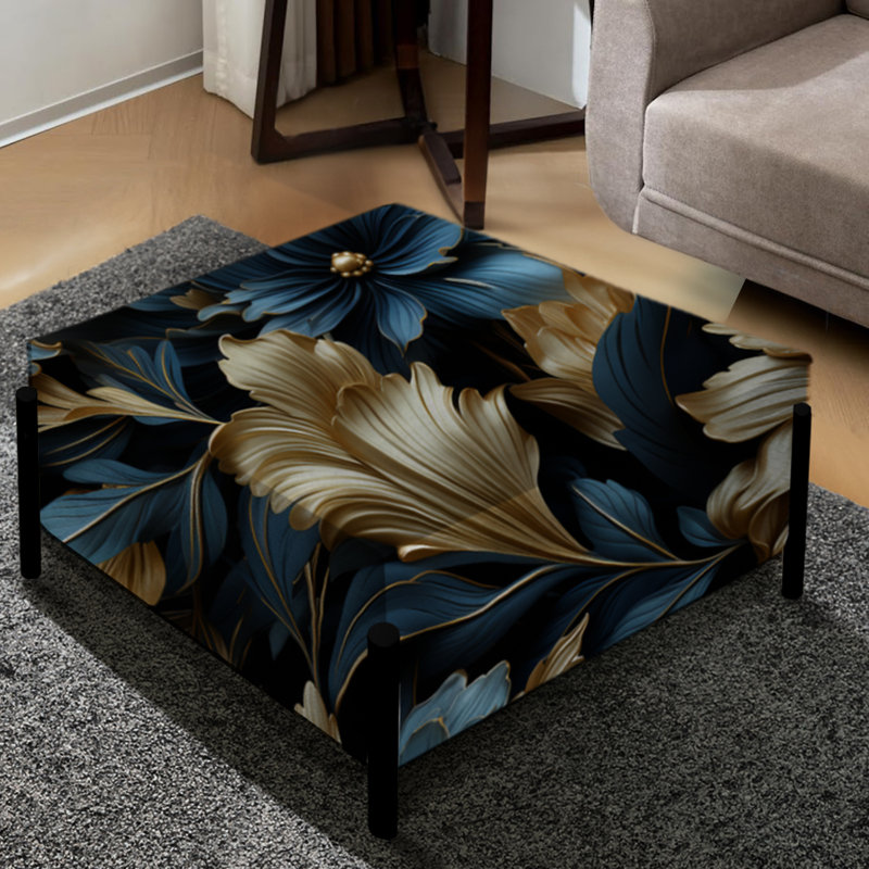 Dark Blue And Golden Techno Damask Realm - Damask Large Square Ottoman
