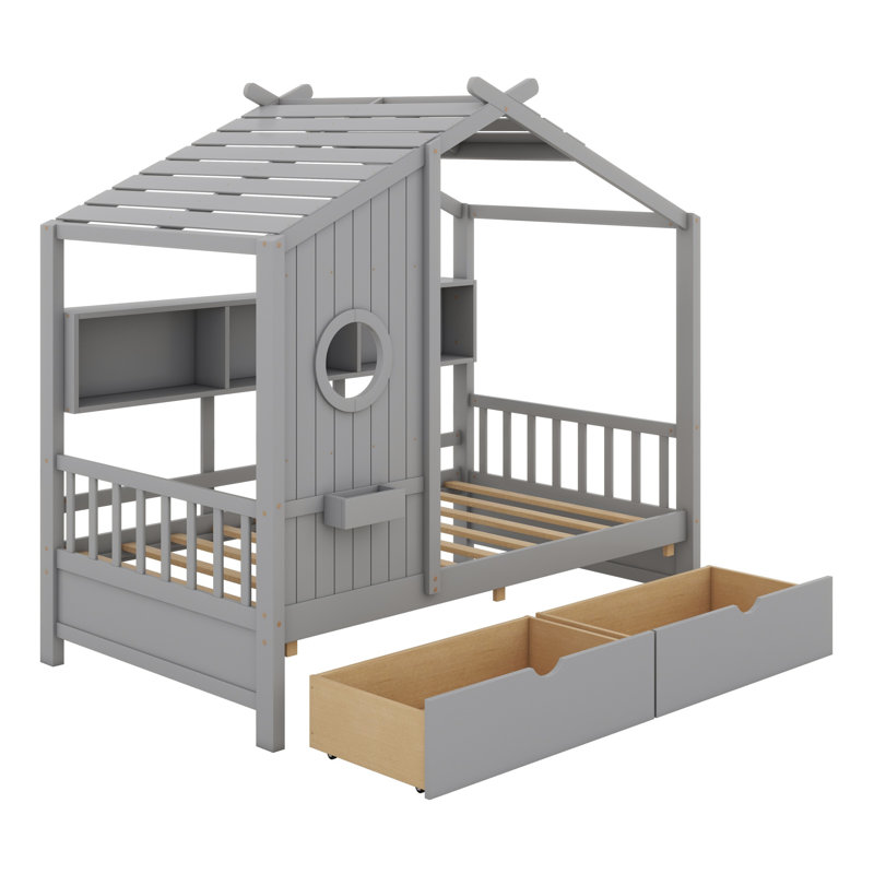 Lit maison avec tiroirs, tablette de rangement, Gris