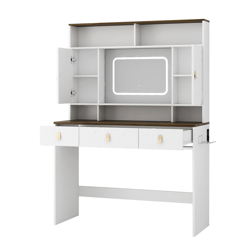 43" Wide White Vanity With Lighted Mirror, Makeup Drawer, And Hair Dryer Holder - Engineered Wood Bedroom Furniture Table, Wide, 3 Visible Drawers, Shelf Modern Decor Piece