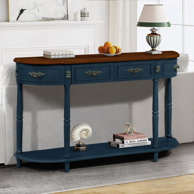 Retro Curved Wood Jazzabelle Table, 52 Inch Circular Half Moon Sofa Table With Open Shelf And 2 Drawers, Solid Wood Entry Table For Living Room, Hallway