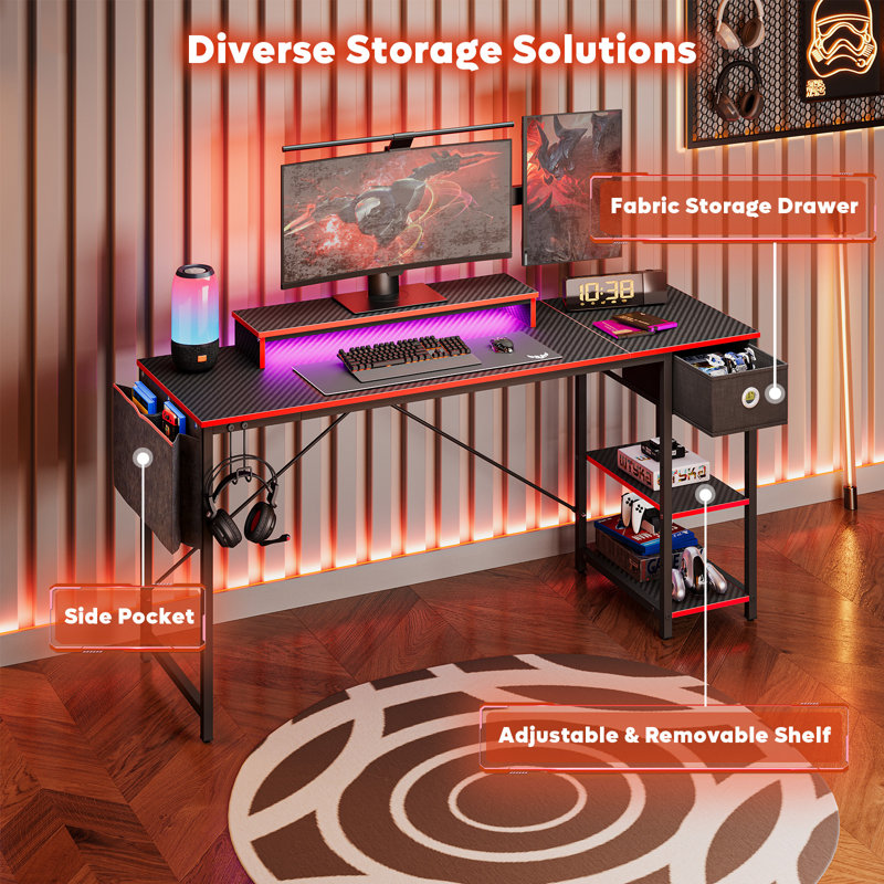 61 Inch Gaming Desk with LED Lights Desk with Monitor Stand and Drawers, Black