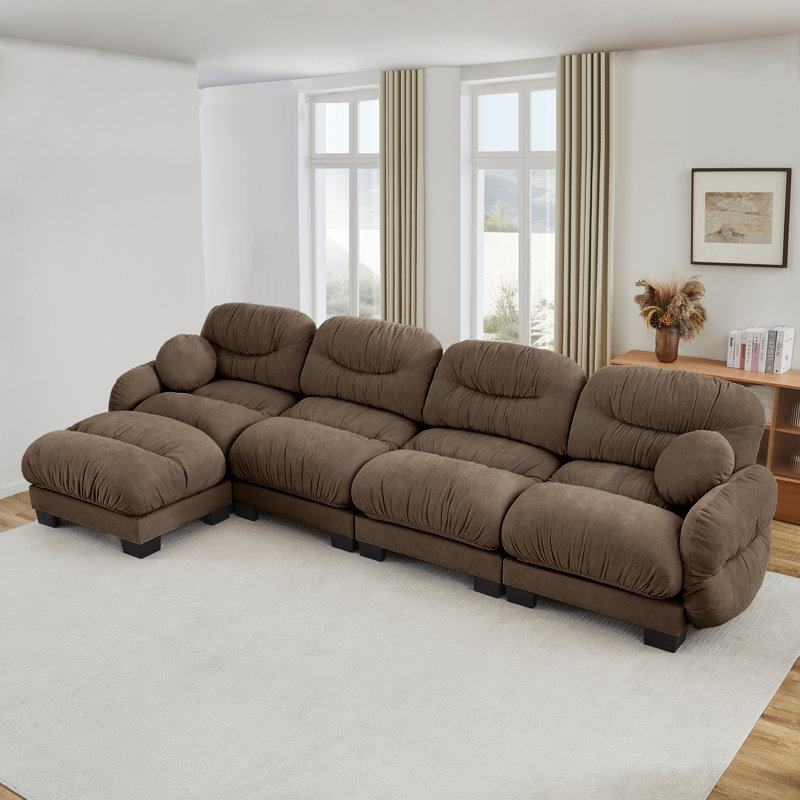 Canapé modulaire confortable à plis avec siège ergonomique en mousse haute densité, canapé modulaire, accoudoirs arrondis arrondis et 2 coussins décoratifs ronds