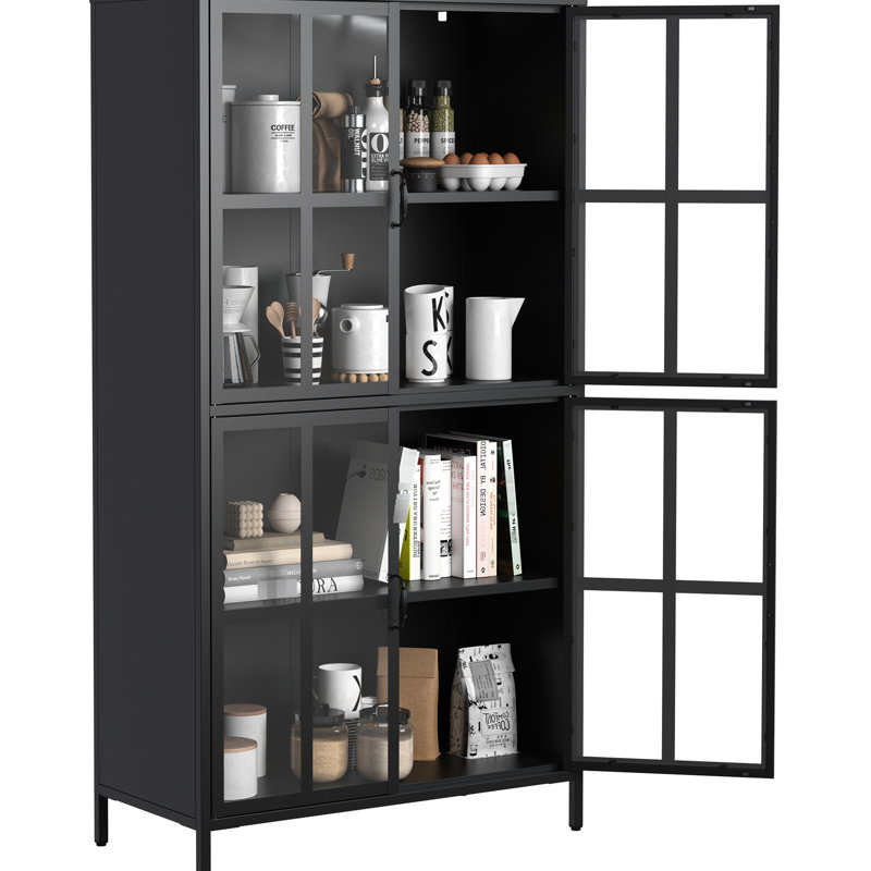 Armoire de rangement en métal, vitrine avec portes en verre trempé et tablettes réglables