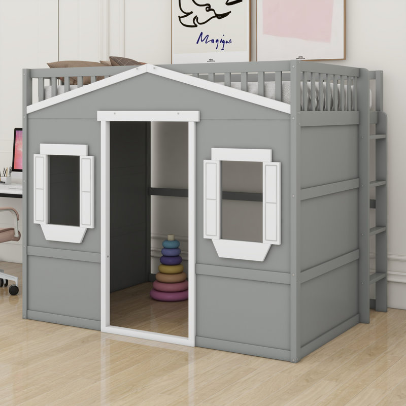 House Loft Bed With Ladder, Gray/White