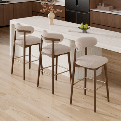 Modern Upholstered Counter Height Bar Stool With Back, Non-swivel, Solid Rubberwood Legs And Bronze Metal Footrest
