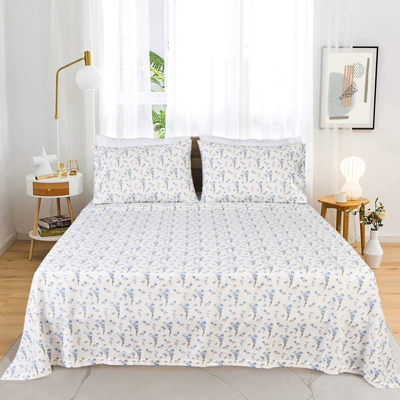 100% Cotton Full Size Bed Sheets Set with Deep Pockets, Cozy Percale sheets with Elastic Fitted Sheet 4 Piece Bedding and Pillowcase set, Blue Gray Floral