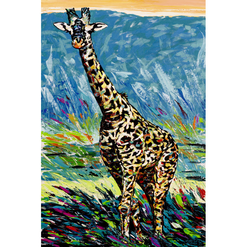 Regal Giraffe I - Painting, 91cm H x 61cm W, Black Floater Framed
