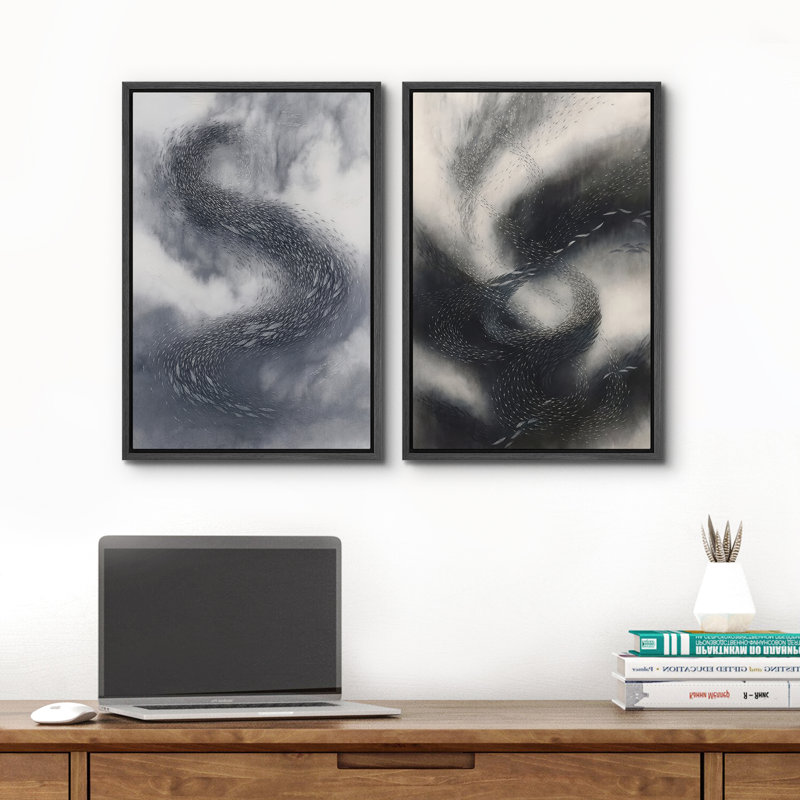 Art mural abstrait, ensemble de 2 reproductions d'art encadrées sur toile, Noir, H 24 po x l 32 po