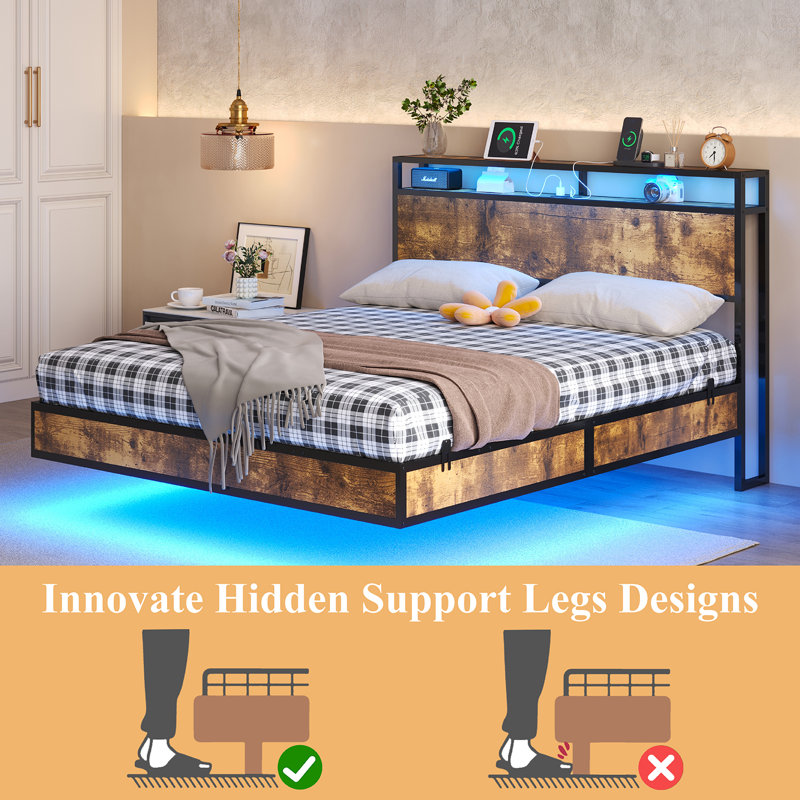 Queen Rustic Brown Wood Floating Bed Frame with LED Lights and USB Ports