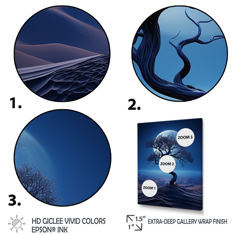 Arbre bleu au clair de lune dans le désert II - art mural désert, Cadre flottant noir, H 44 po x l 34 po x P 1,5 po