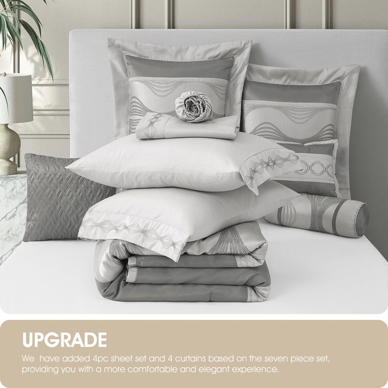 Ensemble d'édredon en jacquard en microfibre 15 pièces Kath, Grey, Queen Comforter + 14 Additional Pieces