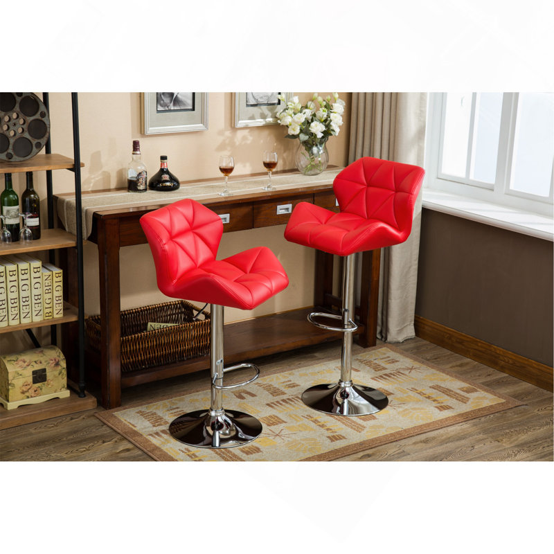 Glasgow Contemporary Tufted Adjustable Height Hidraulic Bar Stools, Set Of 2, Red, Red