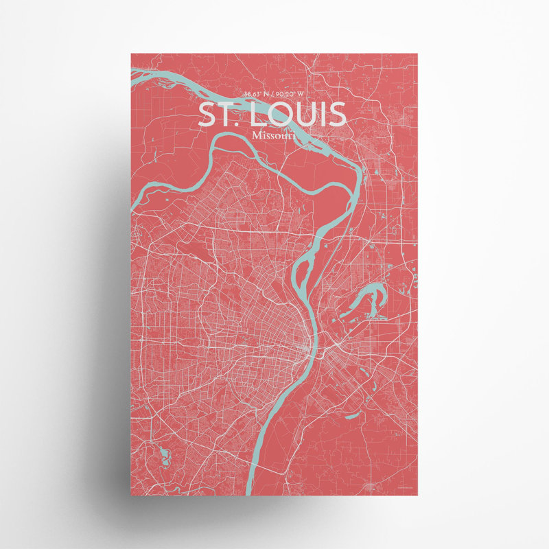 St. Louis City Map, impression, Rose / bleu pastel, H 17 po x l 11 po