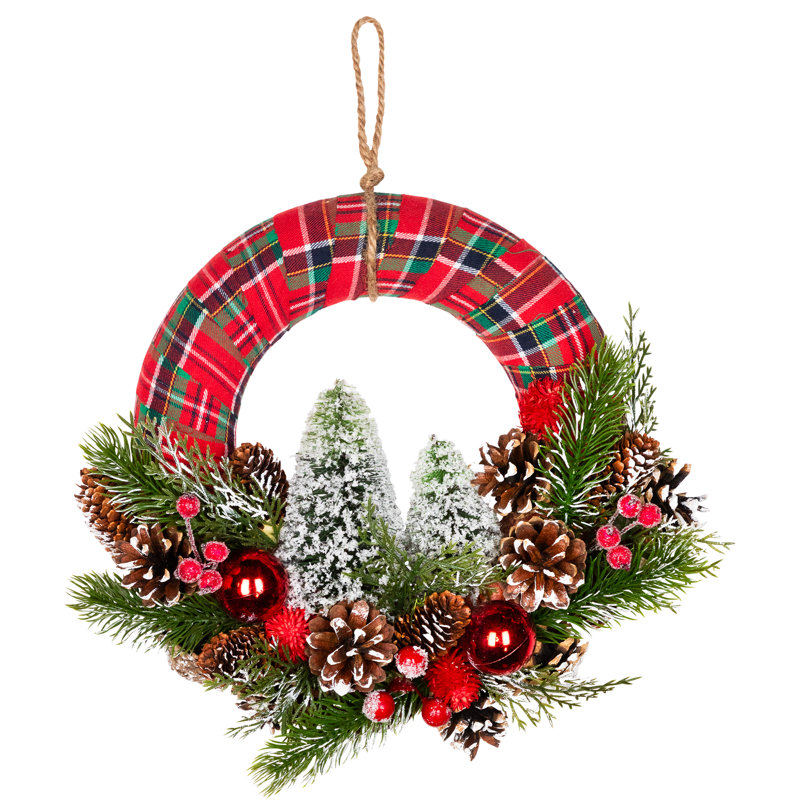Couronne de Noël artificielle à motif écossais givré et pommes de pin - 13,5 po - non éclairé