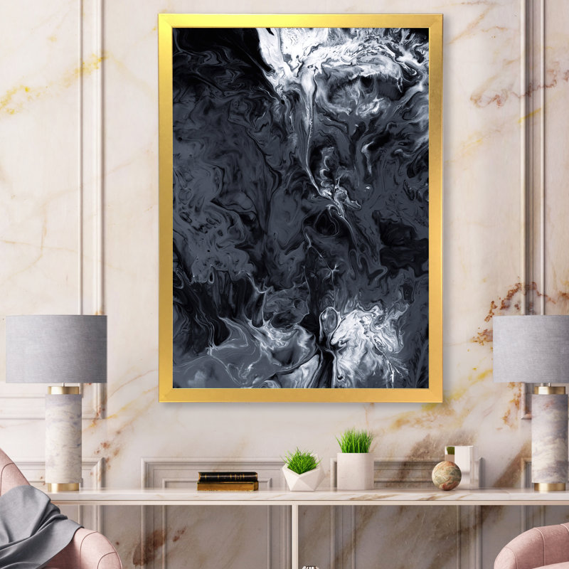 Nuage blanc sur fond noir - peinture sur toile, Cadre flottant doré, H 44 po x l 34 po