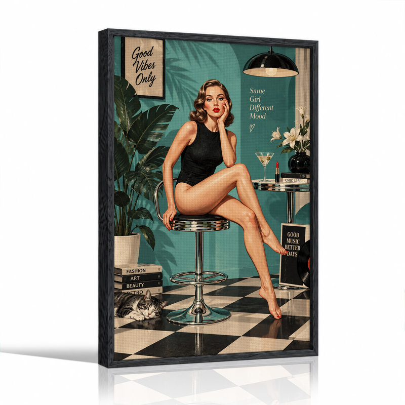 Tableau sur toile représentant une pin-up rétro assise sur un tabouret chromé, H 48 po x l 32 po