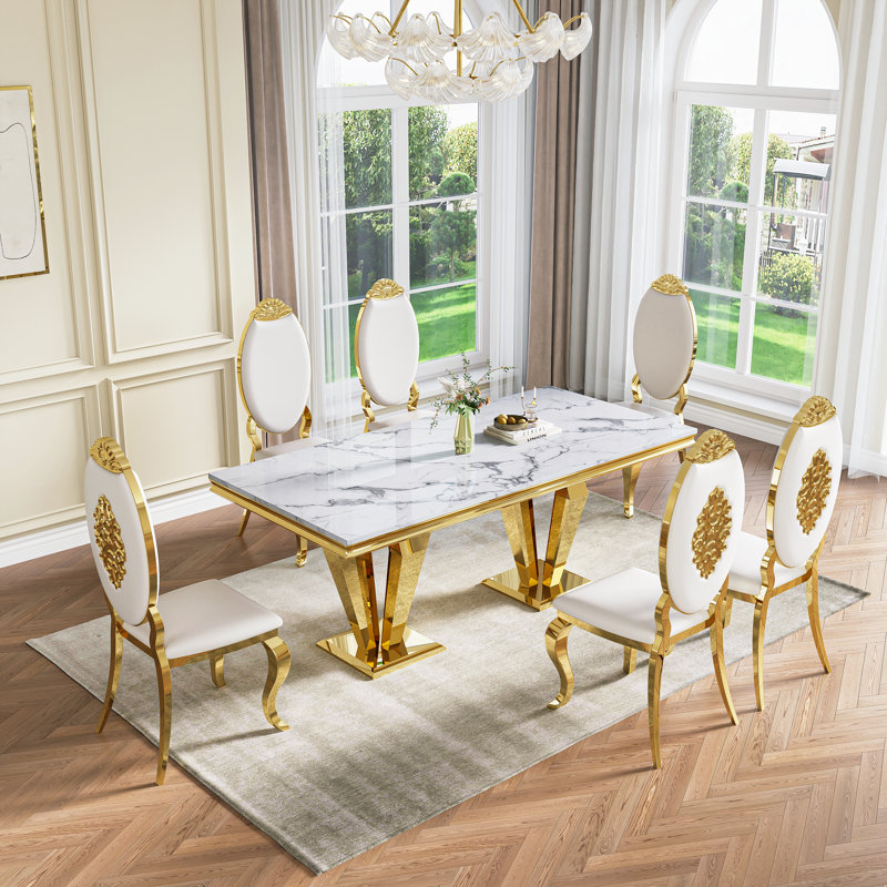 70"Faux Marble Dining Table,Rectangular Kitchen Table With Diamond-Shape Stainless Steel Legs For Kitchen, Living Room