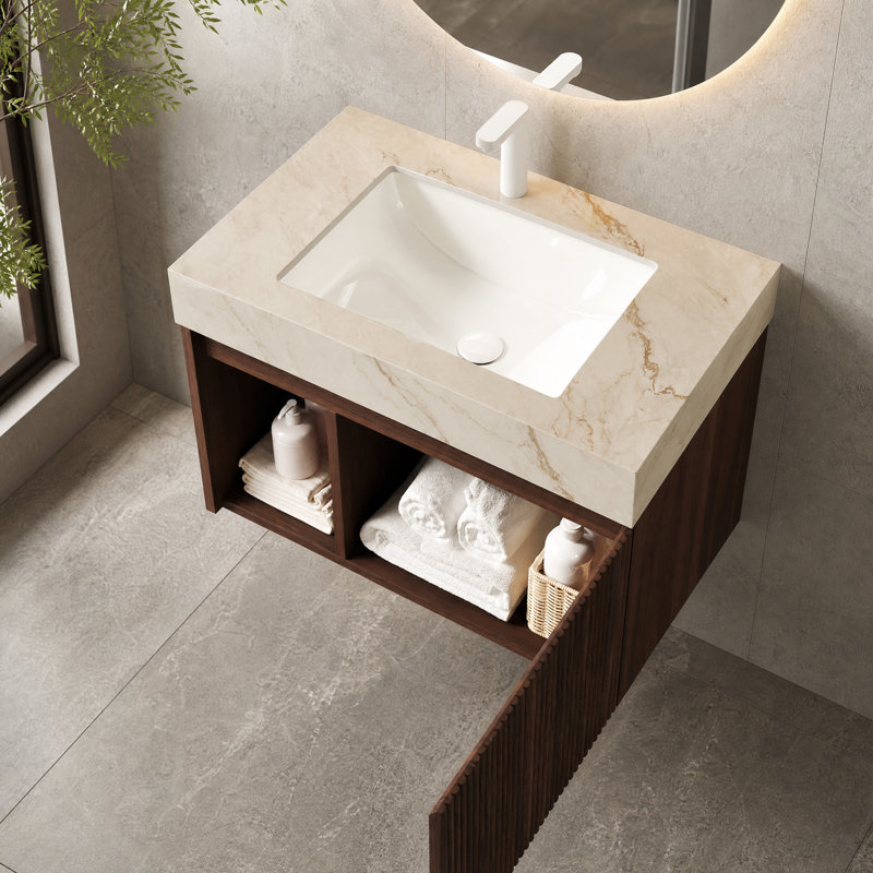 Meuble-lavabo suspendu de 76 cm avec comptoir en pierre frittée et lavabo en céramique, Dark Brown