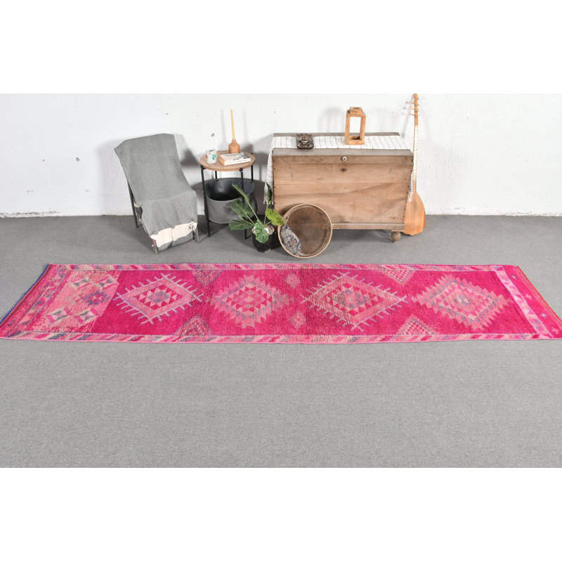 Tapis de couloir turc vintage tissé à la main en laine rose pour décoration de couloir boho et cadeaux uniques - rose