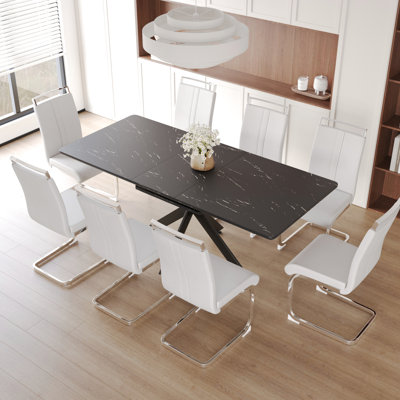 Dining Room For 6 - 8, 62.4" 78.15" Extendable Table, , Metal Legs, 8 Soft Padded Chairs, Sophisticated Style Person Table And Chair Arrangement, Exte