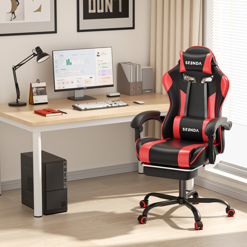 High-Back Massage Adjustable Reclining Ergonomic Faux Leather Swiveling PC & Racing Game Chair with Footrest, Black/Red
