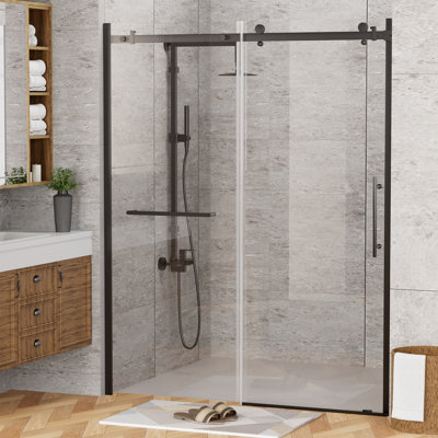 Porte de douche coulissante simple sans cadre l 60 po x H 76 po avec verre trempé amélioré épaissi | Quincaillerie en acier inoxydable | Film sécuritaire, anti-explosion et anti-éclatement | Conception imperméable | Facile à installer | Robuste et durable
