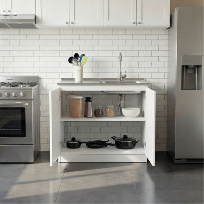 Armoire de lavabo utilitaire et de salle de lavage Napole avec évier intégré en acier inoxydable et tablettes de rangement intérieures
