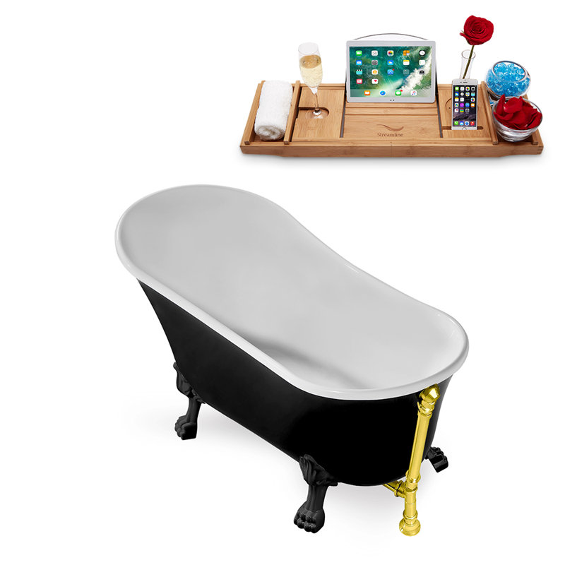 67" Streamline Clawfoot Soaking Acrylic Bathtub With Drain, Clawfeet, and Bamboo Tray, Matte Black, Polished Gold